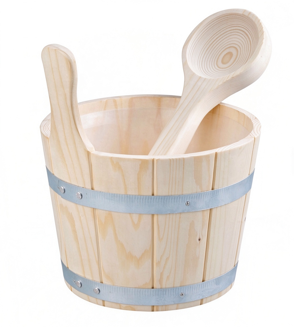 Traditional Wooden Sauna Bucket & Ladle Set — Finnish-Style Water Bucket with Scoop