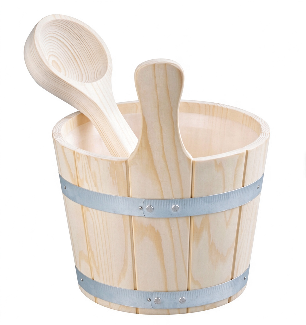 Traditional Wooden Sauna Bucket & Ladle Set — Finnish-Style Water Bucket with Scoop
